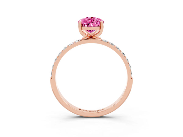 Rose gold Pear Cut Pink Sapphire Solitaire Ring with Round  Pavé Band and Prong Setting