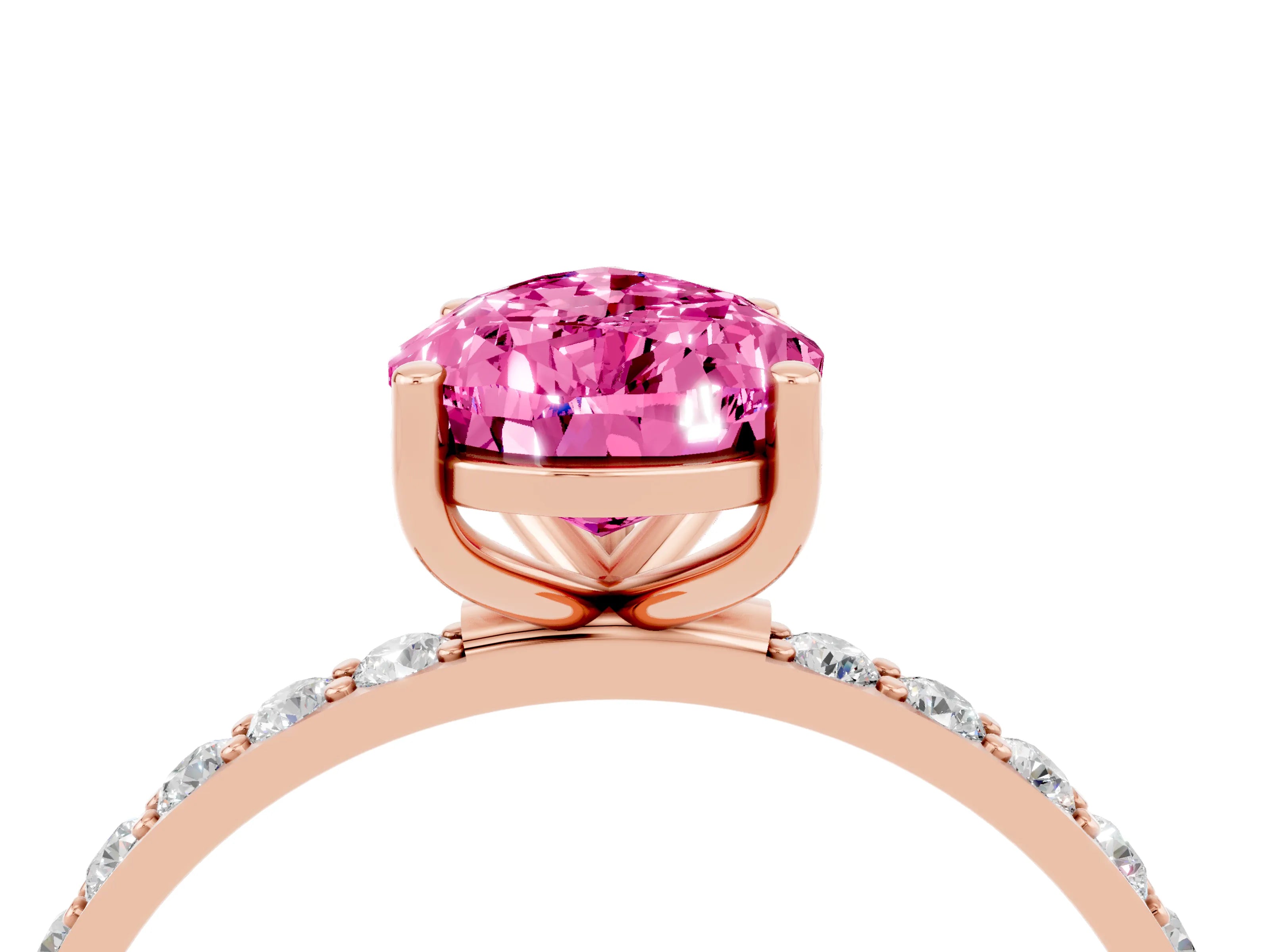 Rose gold Pear Cut Pink Sapphire Solitaire Ring with Pave Band and Four Prong Setting_52