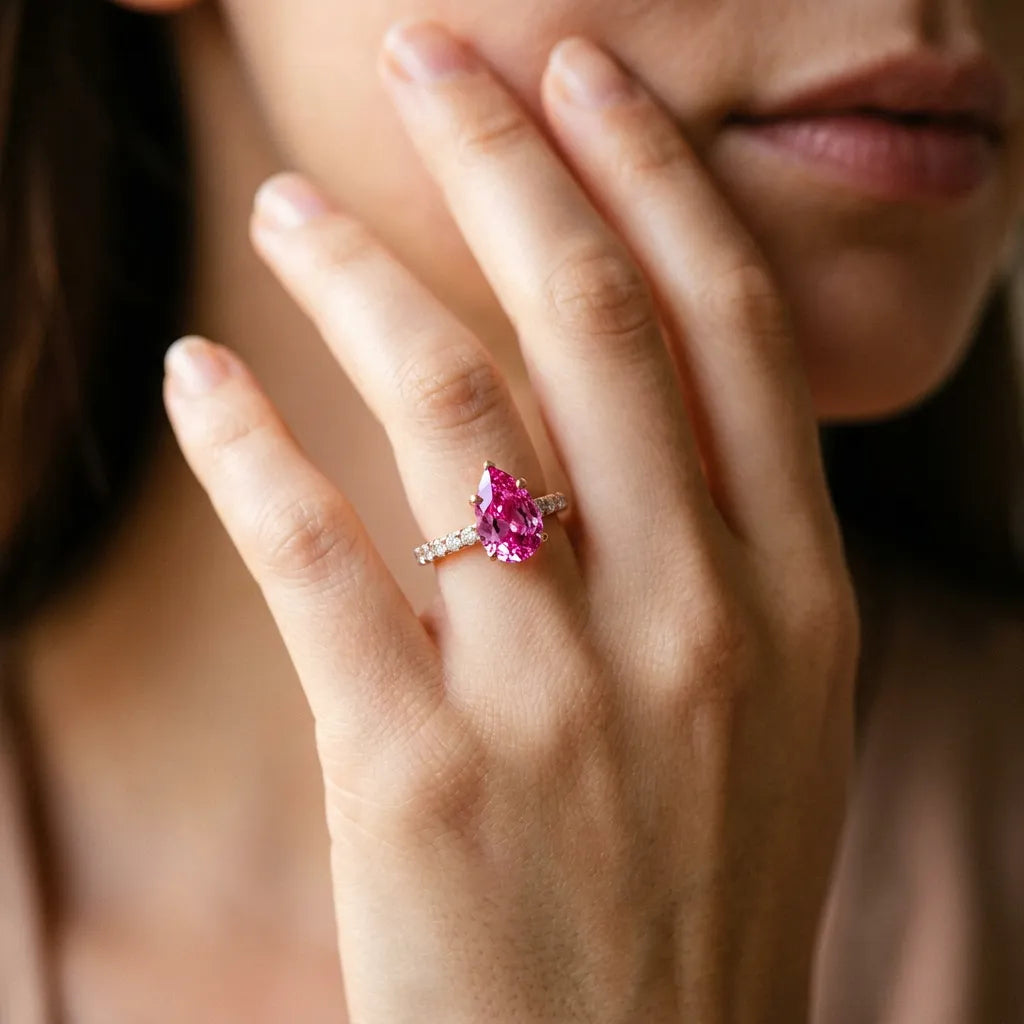 Rose gold Pear Cut Pink Sapphire Solitaire Ring with Round  Pavé Band and Four-Prong Setting_80