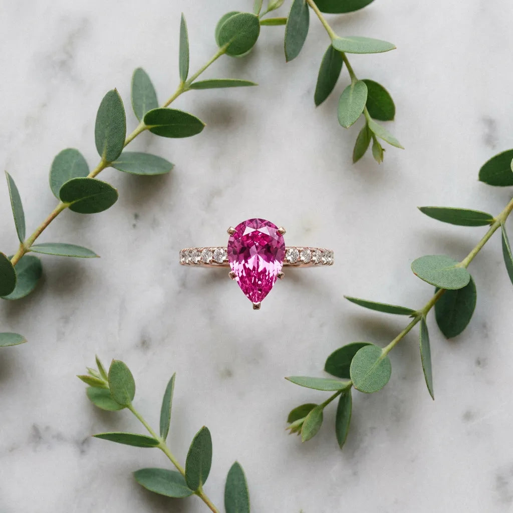 Rose gold Pear Cut Pink Sapphire Solitaire Ring with Round  Pavé Band and Four-Prong Setting_81