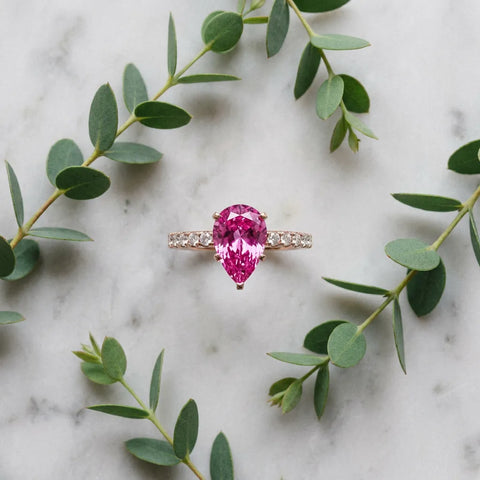 Rose gold Pear Cut Pink Sapphire Solitaire Ring with Round  Pavé Band and Four-Prong Setting_81