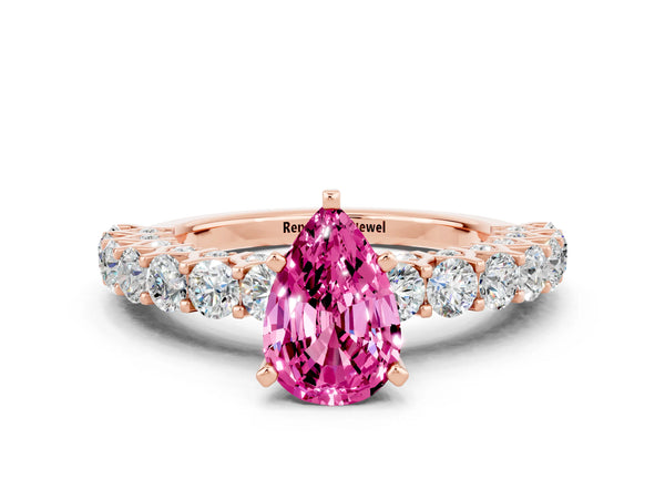 Rose gold Pear Cut Pink Sapphire Solitaire Ring with Shared Prong Pavé Band and Four-Prong Setting