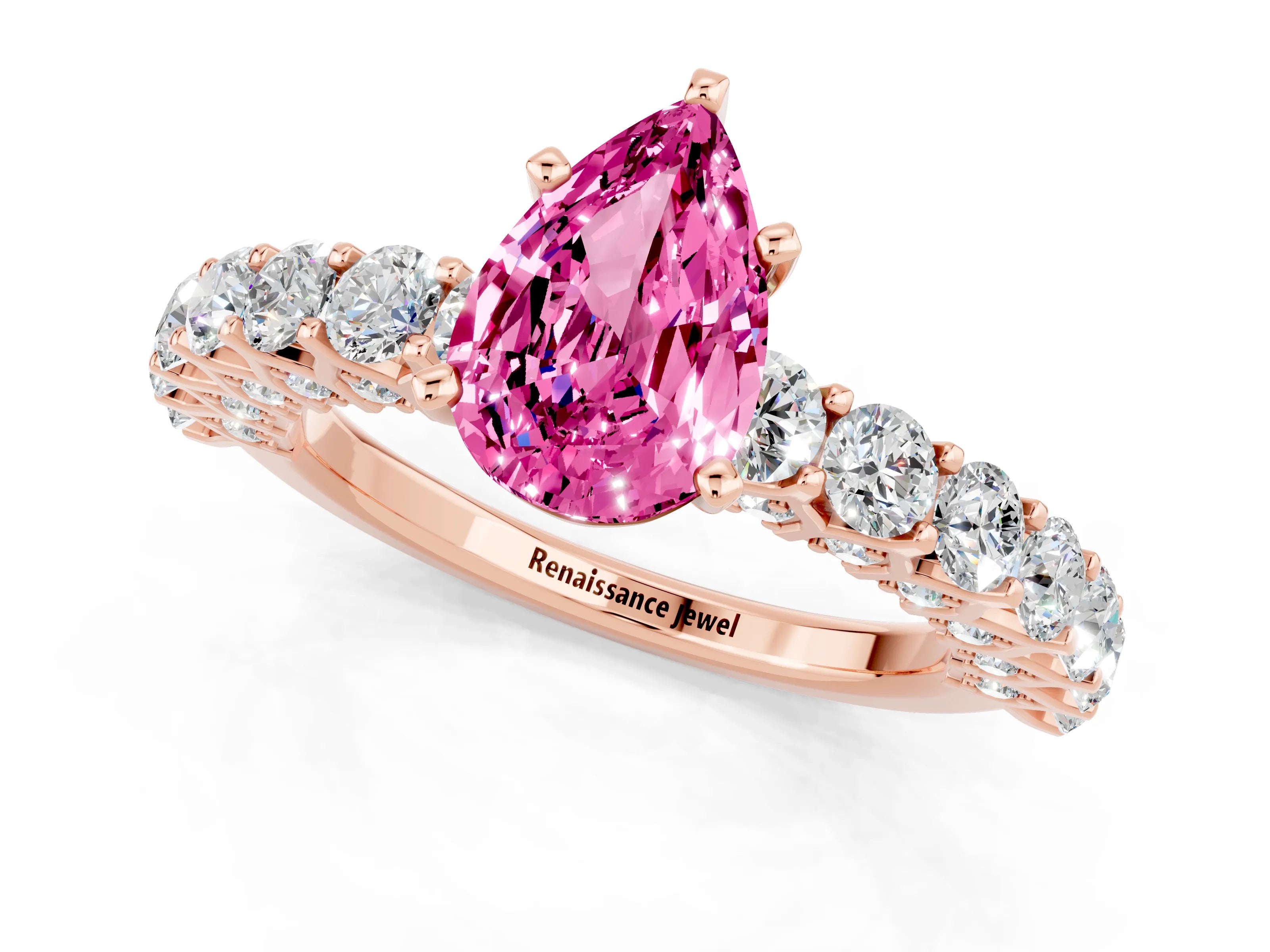 Rose gold Pear Cut Pink Sapphire Solitaire Ring with Shared Prong Pavé Band and Four-Prong Setting_1