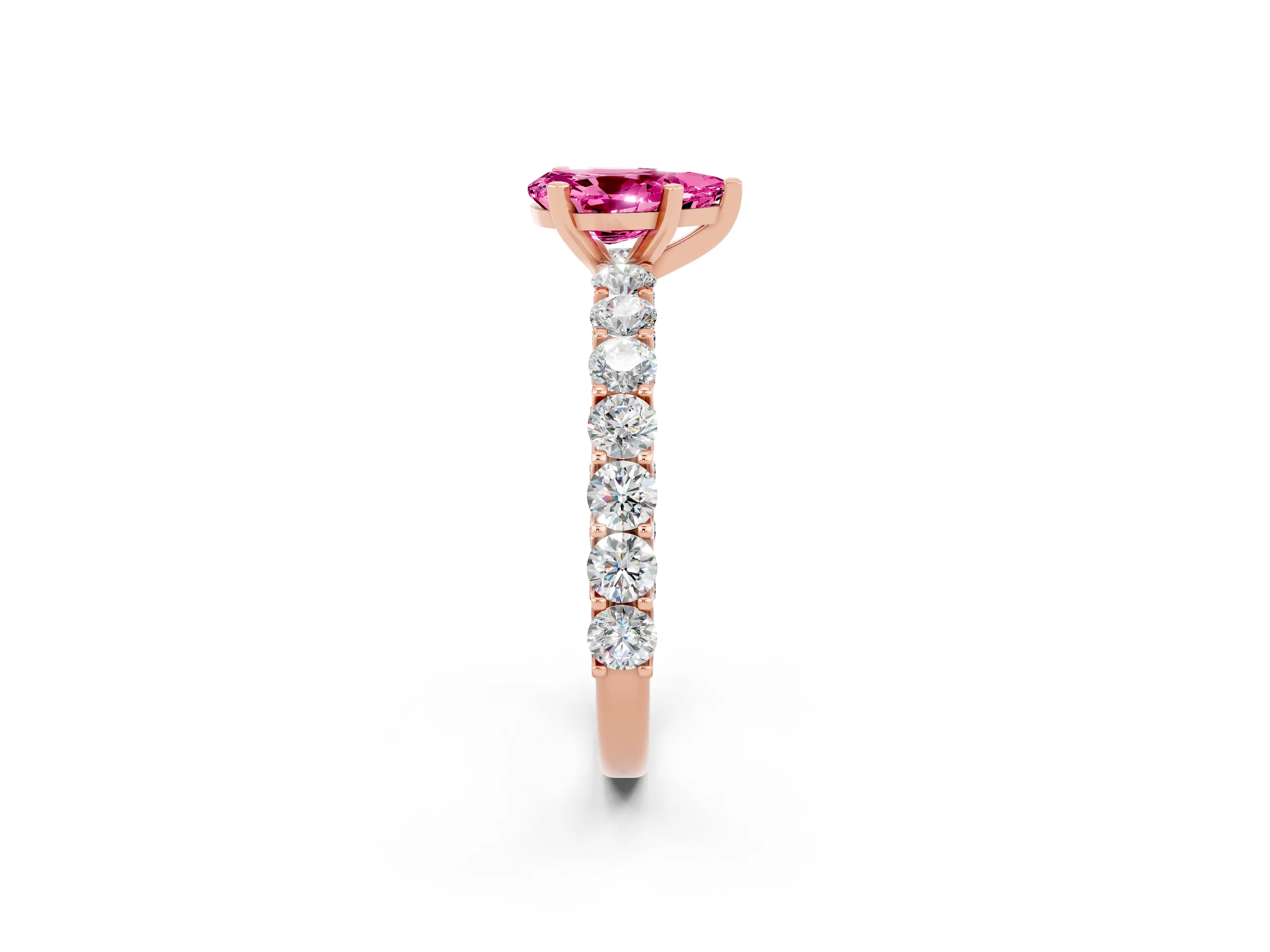 Rose gold Pear Cut Pink Sapphire Solitaire Ring with Shared Prong Pavé Band and Four-Prong Setting_2