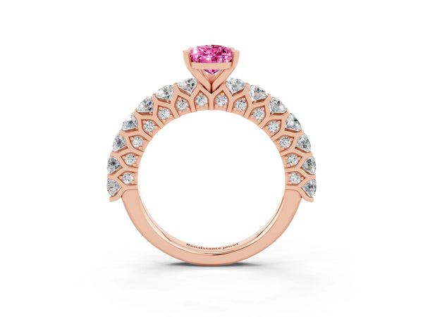 Rose gold Pear Cut Pink Sapphire Solitaire Ring with Shared Prong Pavé Band and Four-Prong Setting