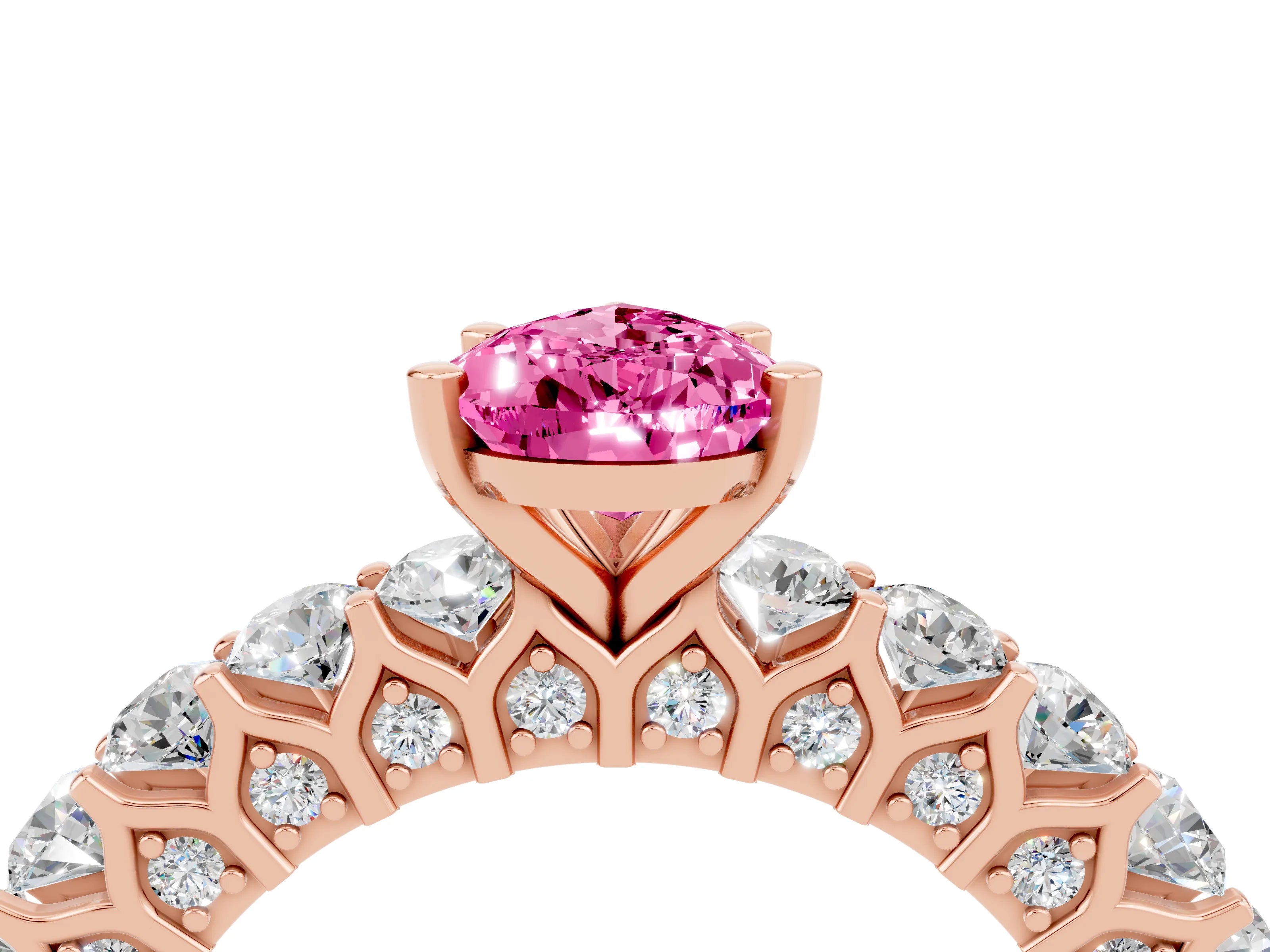 Rose gold Pear Cut Pink Sapphire Solitaire Ring with Shared Prong Pavé Band and Four-Prong Setting_4