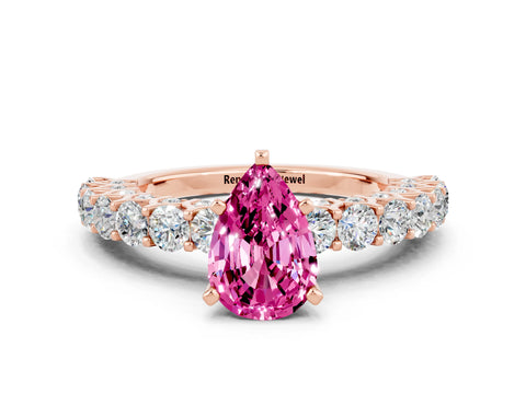 Rose gold Pear Cut Pink Sapphire Solitaire Ring with Shared Prong Pavé Band and Four-Prong Setting