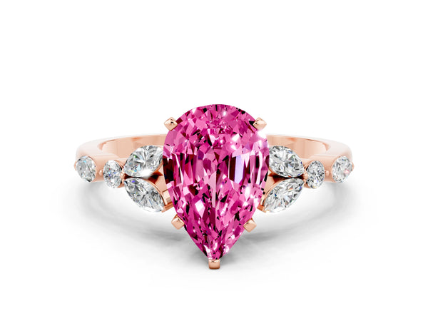 Rose gold Pear Cut Pink Sapphire Solitaire Ring with Side Stones and Four-Prong Setting