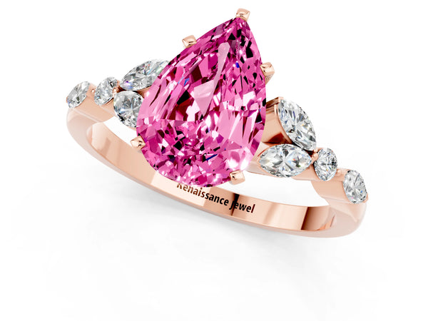 Rose gold Pear Cut Pink Sapphire Solitaire Ring with Side Stones and Four-Prong Setting