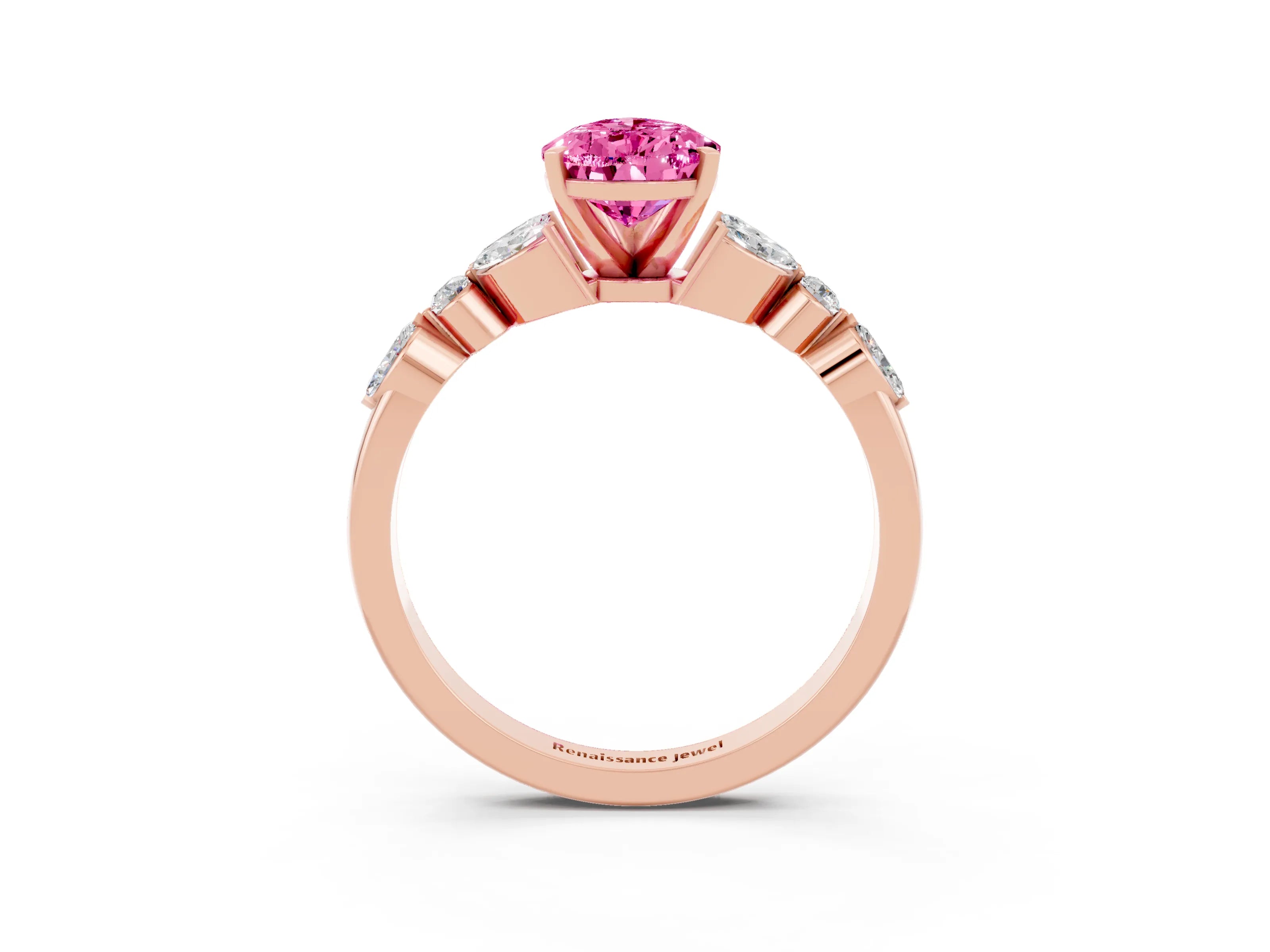 Rose gold Pear Cut Pink Sapphire Solitaire Ring with Side Stones and Four-Prong Setting_15