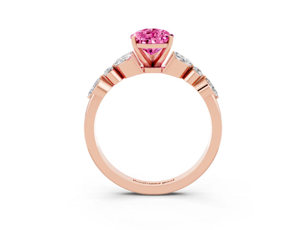 Rose gold Pear Cut Pink Sapphire Solitaire Ring with Side Stones and Four-Prong Setting