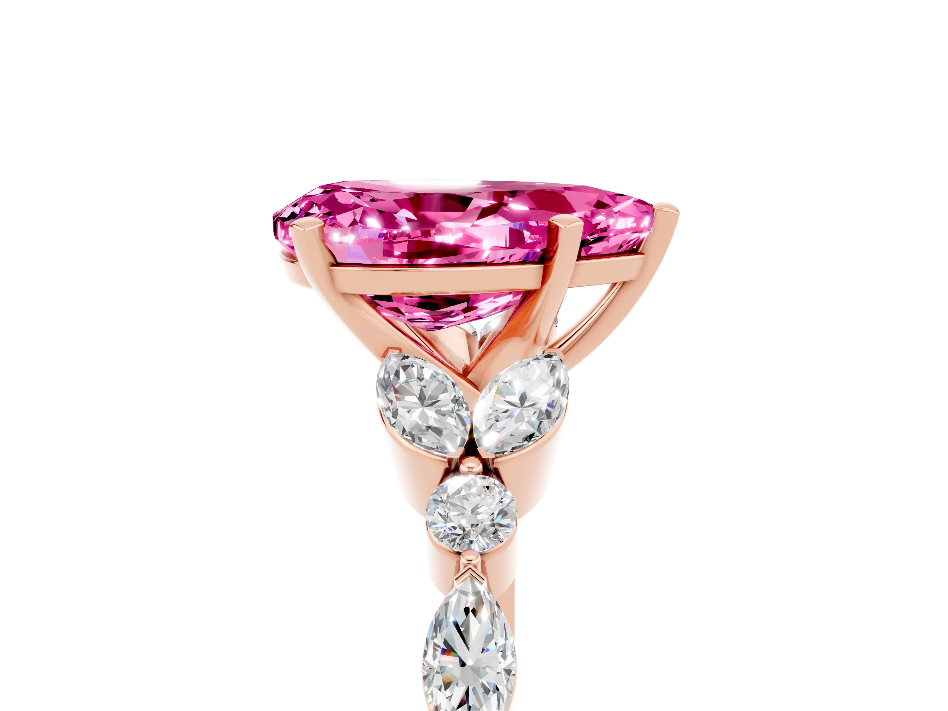 Rose gold Pear Cut Pink Sapphire Solitaire Ring with Side Stones and Four-Prong Setting_17