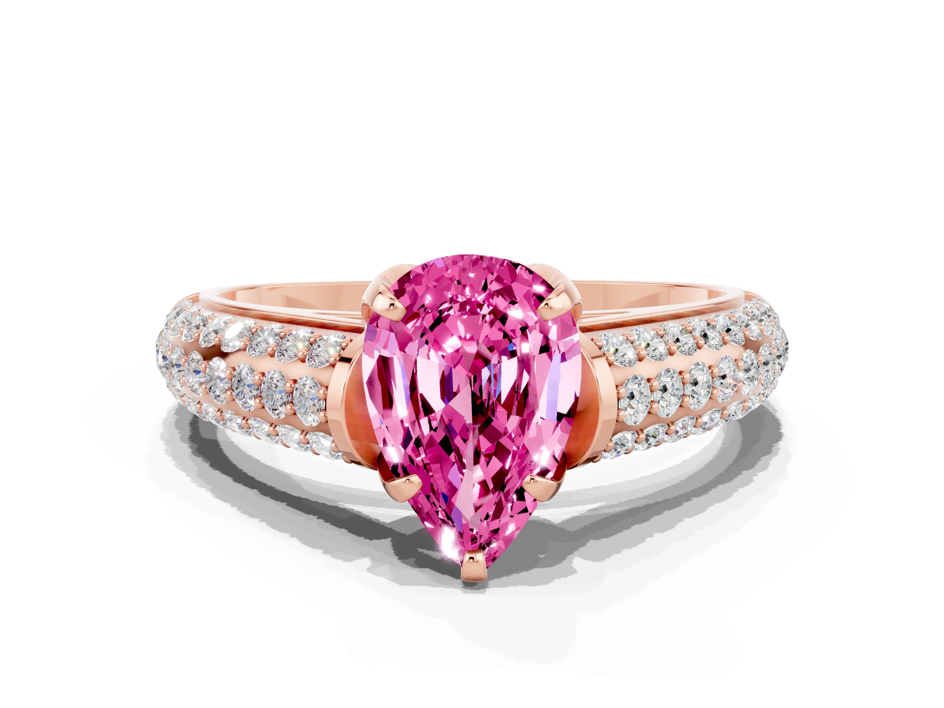 Rose gold Pear Cut Pink Sapphire Solitaire Ring with Three-Row Pavé Band and Four-Prong Setting_12