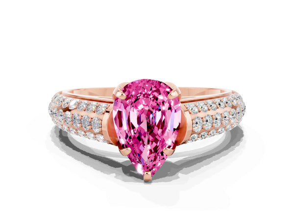 Rose gold Pear Cut Pink Sapphire Solitaire Ring with Three-Row Pavé Band and Four-Prong Setting