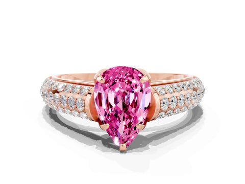 Rose gold Pear Cut Pink Sapphire Solitaire Ring with Three-Row Pavé Band and Four-Prong Setting_12
