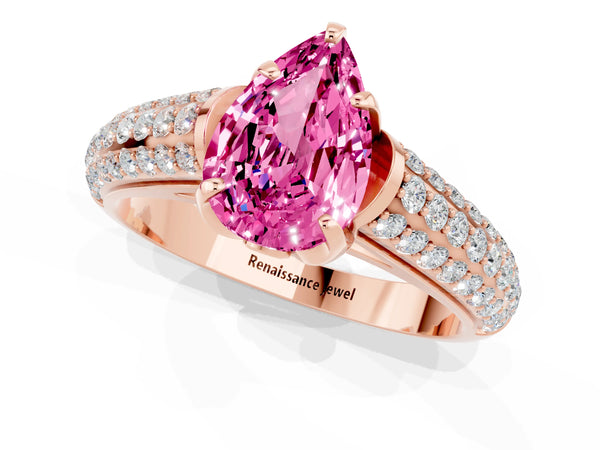 Rose gold Pear Cut Pink Sapphire Solitaire Ring with Three-Row Pavé Band and Four-Prong Setting
