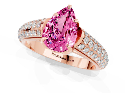 Rose gold Pear Cut Pink Sapphire Solitaire Ring with Three-Row Pavé Band and Four-Prong Setting_13