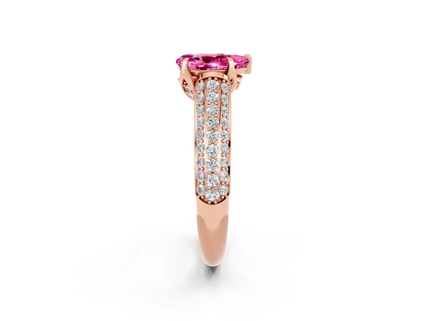 Rose gold Pear Cut Pink Sapphire Solitaire Ring with Three-Row Pavé Band and Four-Prong Setting