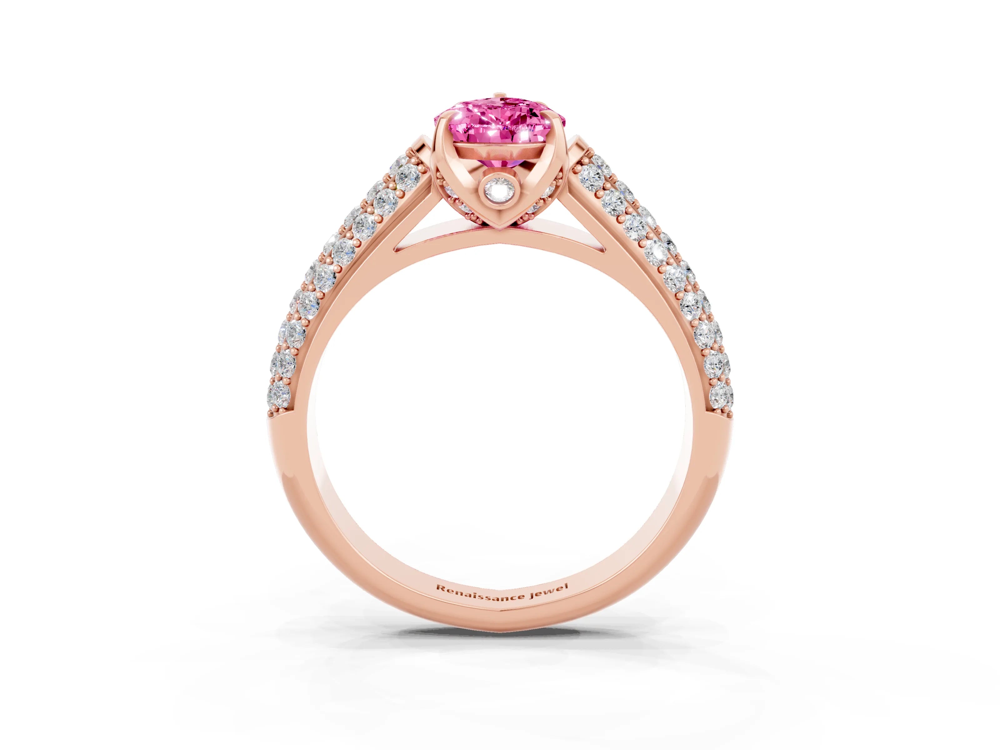 Rose gold Pear Cut Pink Sapphire Solitaire Ring with Three-Row Pavé Band and Four-Prong Setting_15