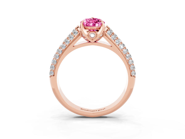 Rose gold Pear Cut Pink Sapphire Solitaire Ring with Three-Row Pavé Band and Four-Prong Setting