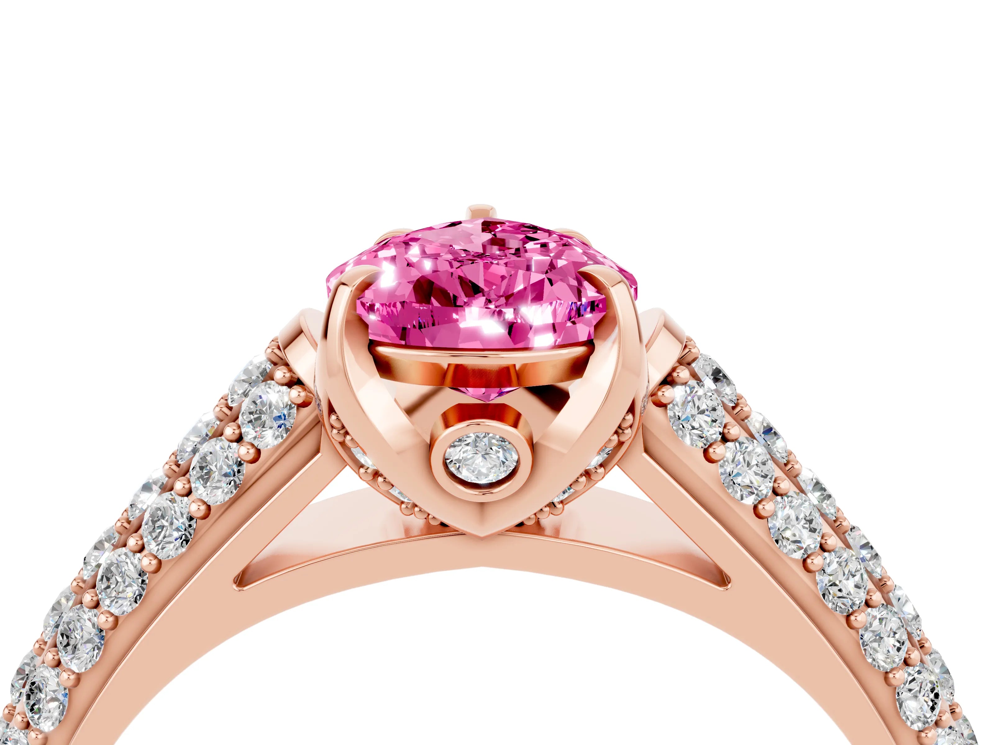 Rose gold Pear Cut Pink Sapphire Solitaire Ring with Three-Row Pavé Band and Four-Prong Setting_16