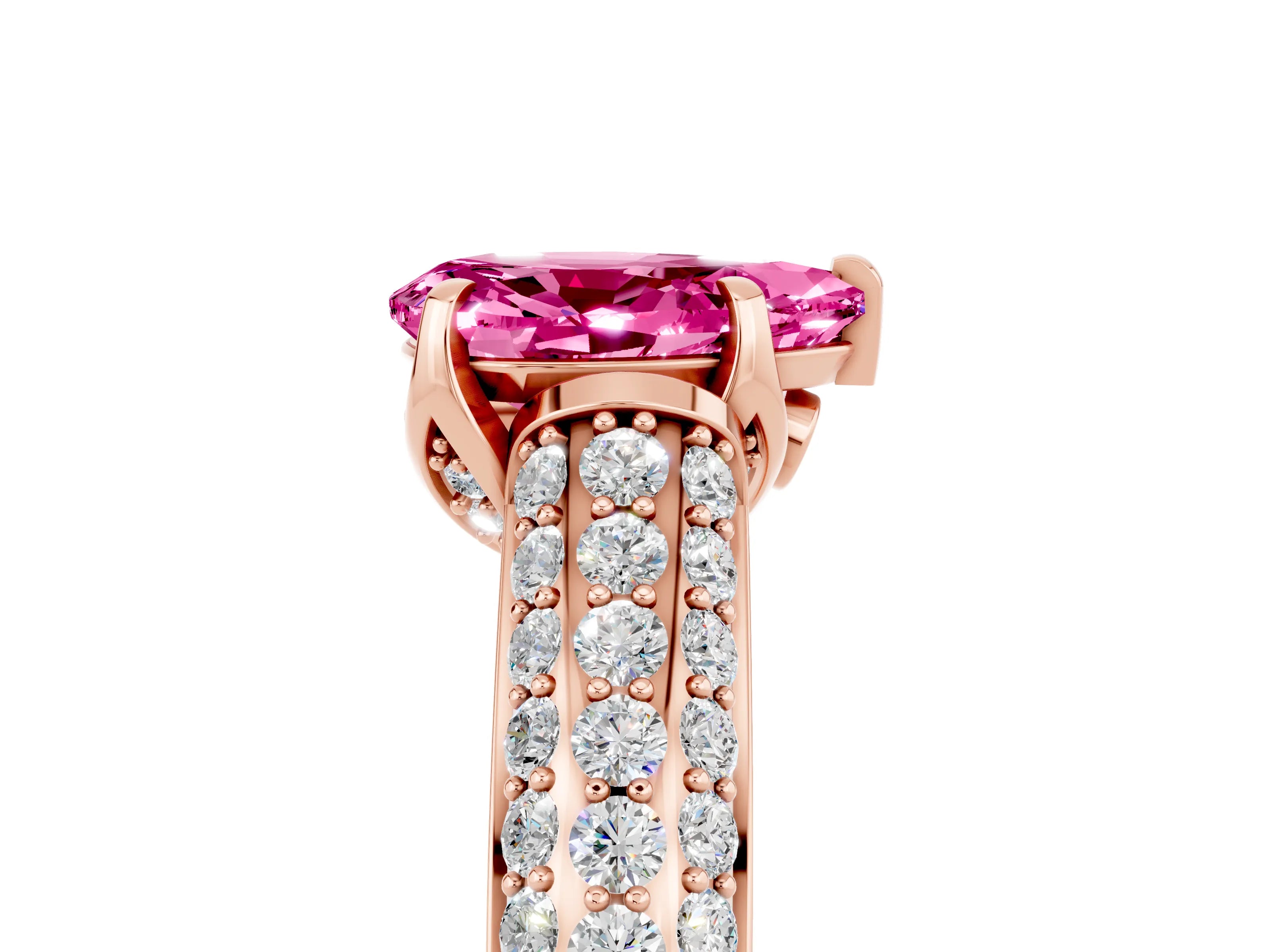 Rose gold Pear Cut Pink Sapphire Solitaire Ring with Three-Row Pavé Band and Four-Prong Setting_17