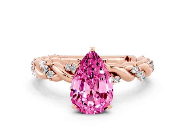 Rose gold Pear Cut Pink Sapphire Solitaire Ring with Twisted Band and Pavé Accents