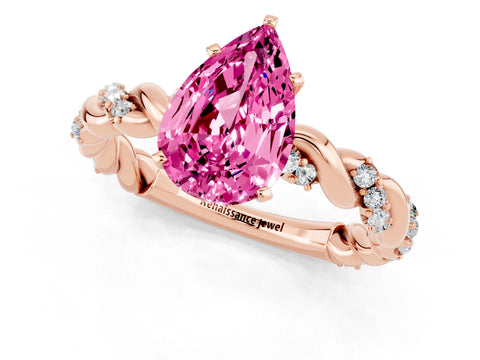 Rose gold Pear Cut Pink Sapphire Solitaire Ring with Twisted Band and Pavé Accents_1