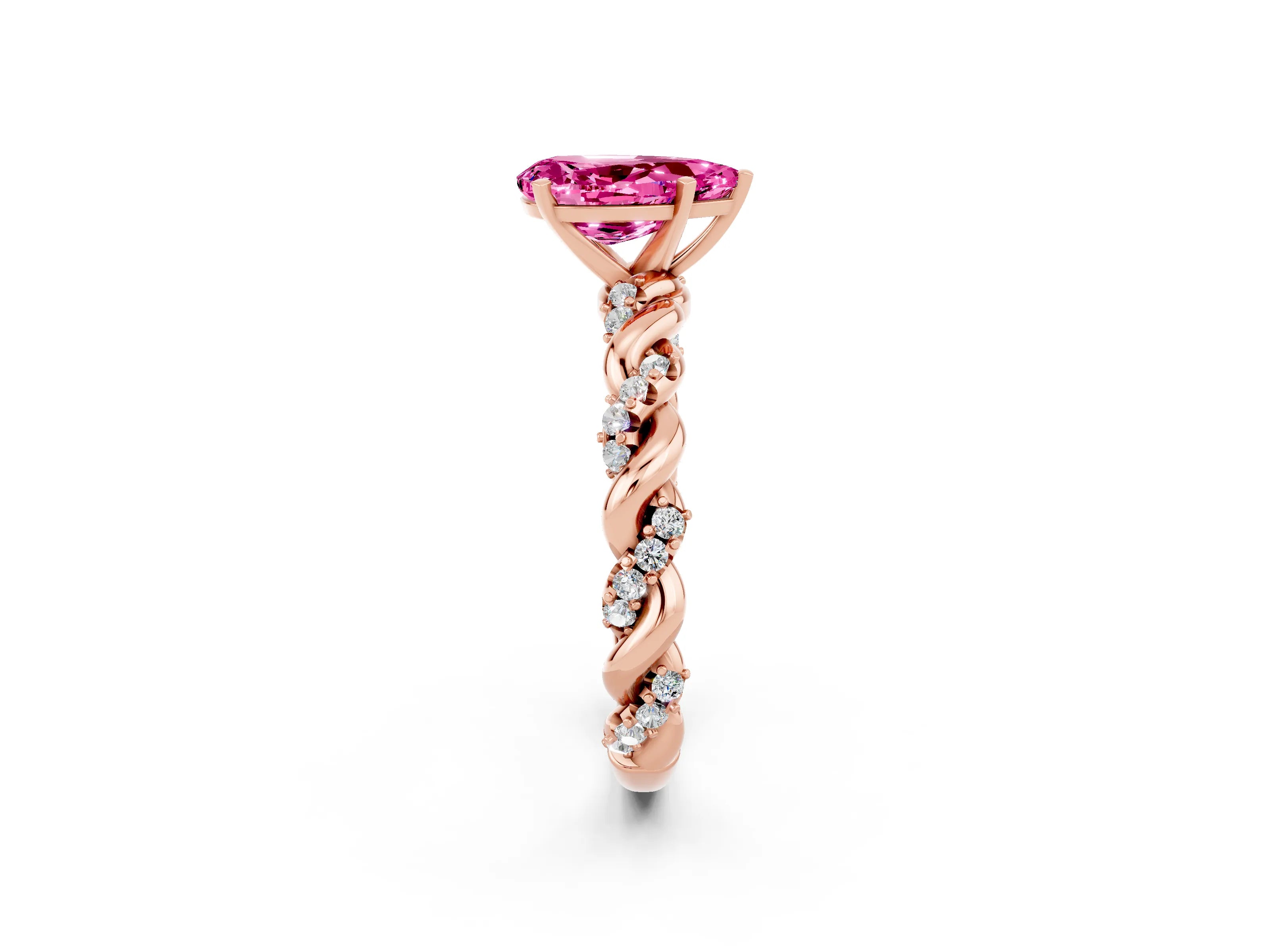 Rose gold Pear Cut Pink Sapphire Solitaire Ring with Twisted Band and Pavé Accents_2