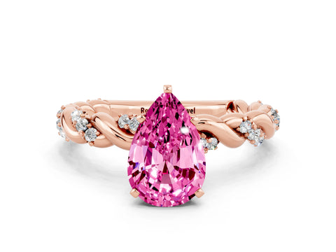 Rose gold Pear Cut Pink Sapphire Solitaire Ring with Twisted Band and Pavé Accents