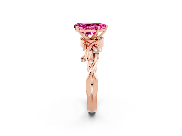 Rose gold Pear Cut Pink Sapphire Solitaire Ring with Twisted Band and Prong Setting