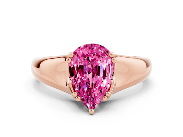 Rose gold Pear Cut Pink Sapphire Solitaire Ring with Wide Band and Prong Setting