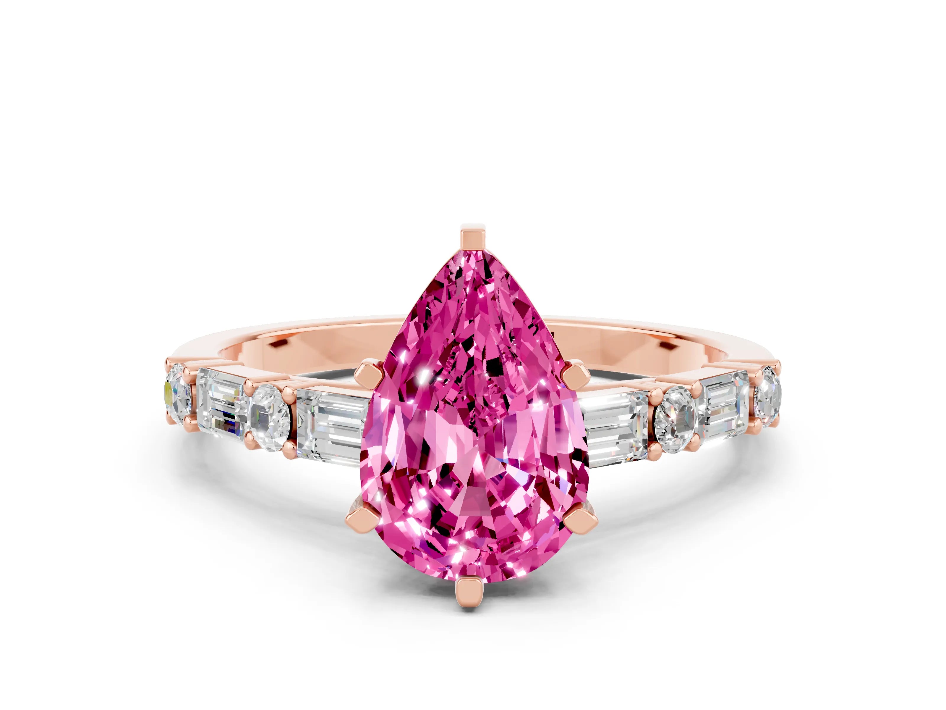 Rose gold Pear Cut Pink Sapphire Solitaire with Side Baguettes and Channel Set Band_24