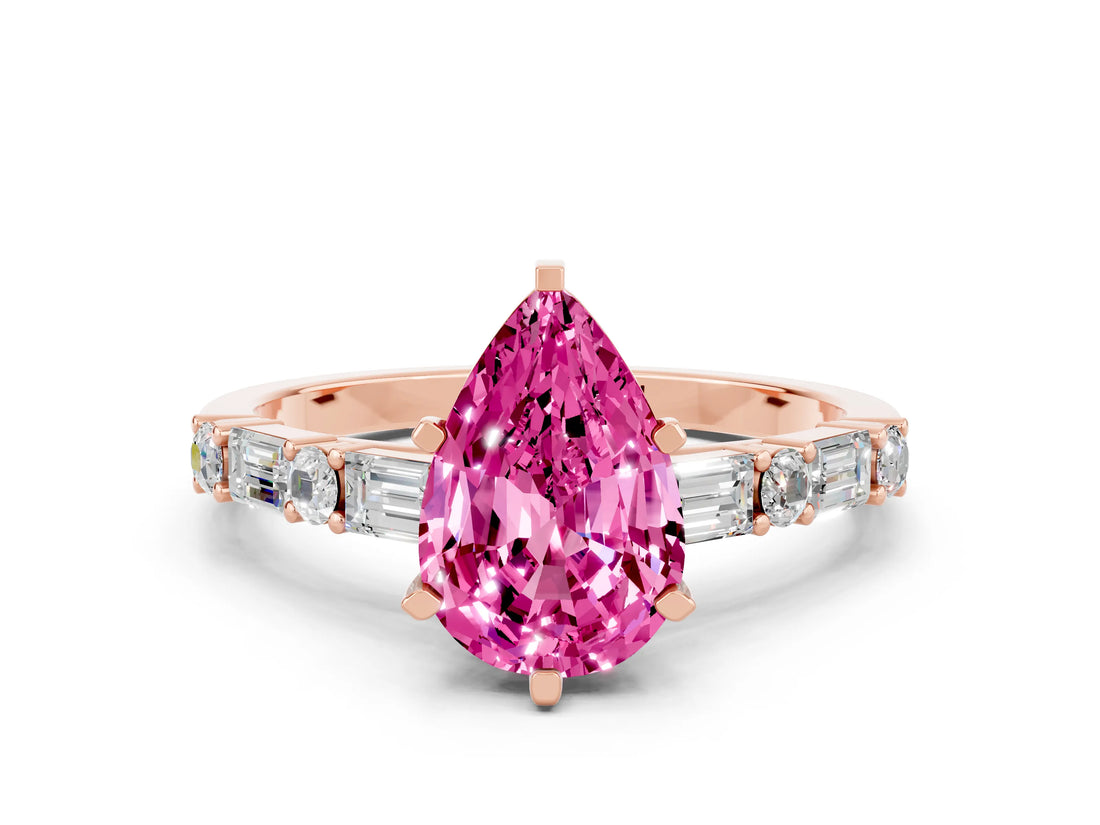 Rose gold Pear Cut Pink Sapphire Solitaire with Side Baguettes and Channel Set Band_24