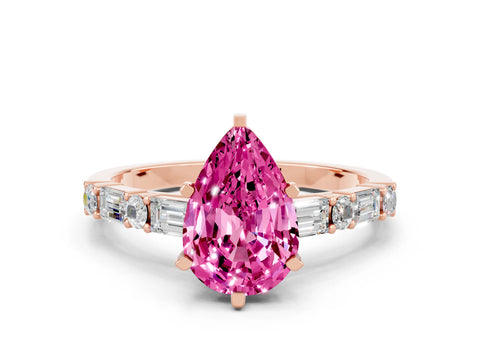 Rose gold Pear Cut Pink Sapphire Solitaire with Side Baguettes and Channel Set Band_24