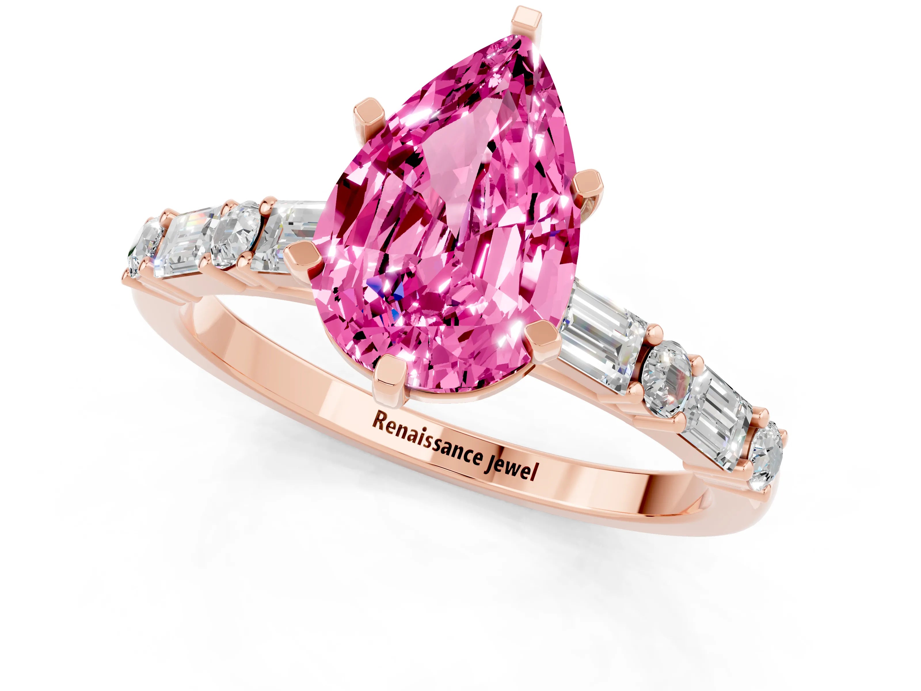 Rose gold Pear Cut Pink Sapphire Solitaire with Side Baguettes and Channel Set Band_25