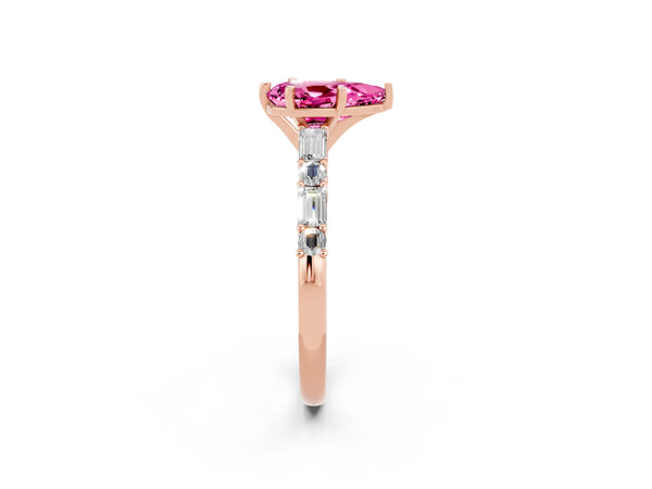 Rose gold Pear Cut Pink Sapphire Solitaire with Side Baguettes and Channel Set Band