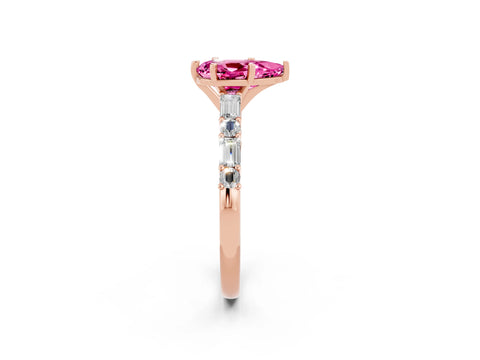 Rose gold Pear Cut Pink Sapphire Solitaire with Side Baguettes and Channel Set Band_26