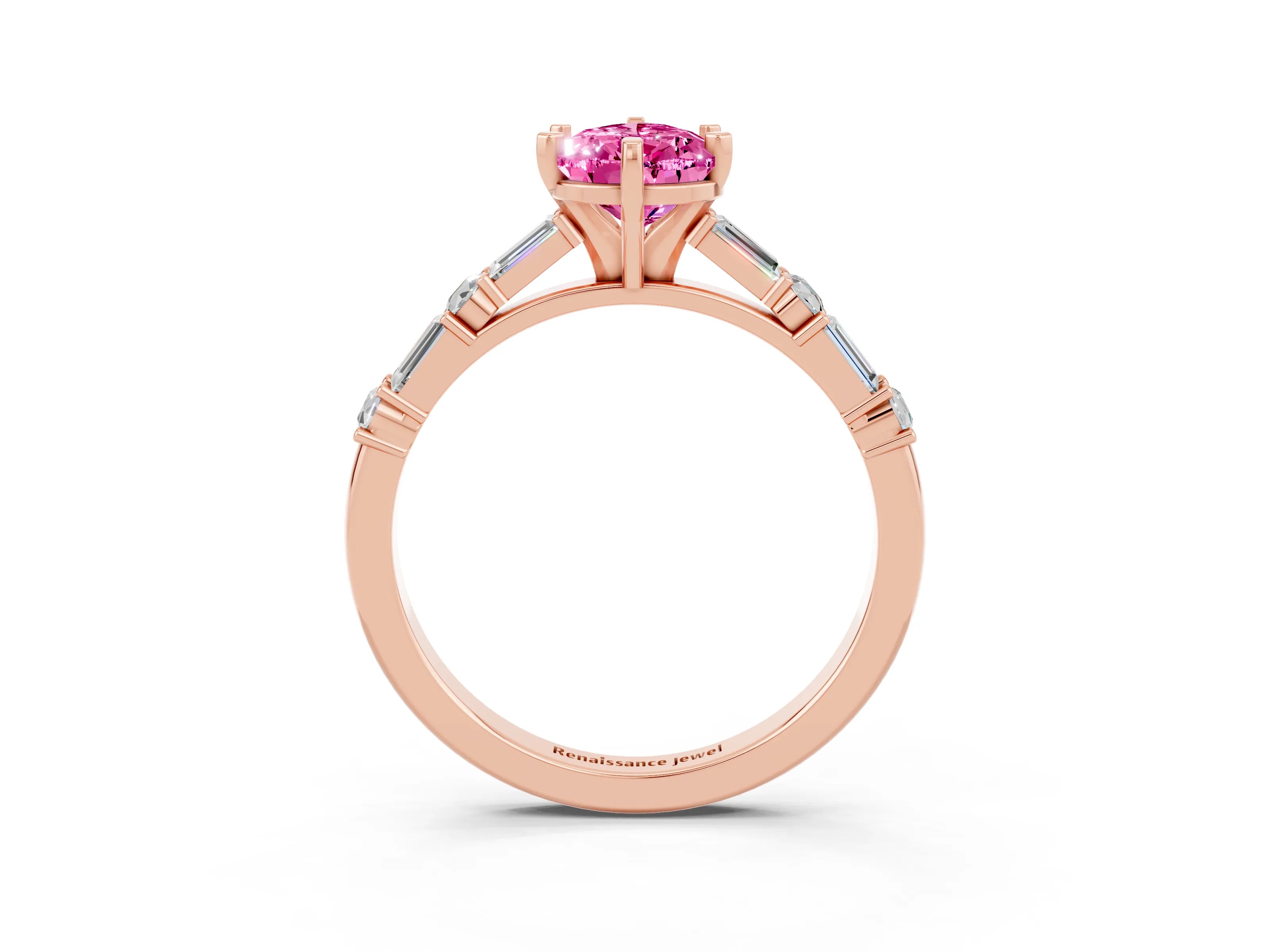 Rose gold Pear Cut Pink Sapphire Solitaire with Side Baguettes and Channel Set Band_27