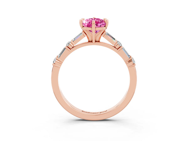 Rose gold Pear Cut Pink Sapphire Solitaire with Side Baguettes and Channel Set Band