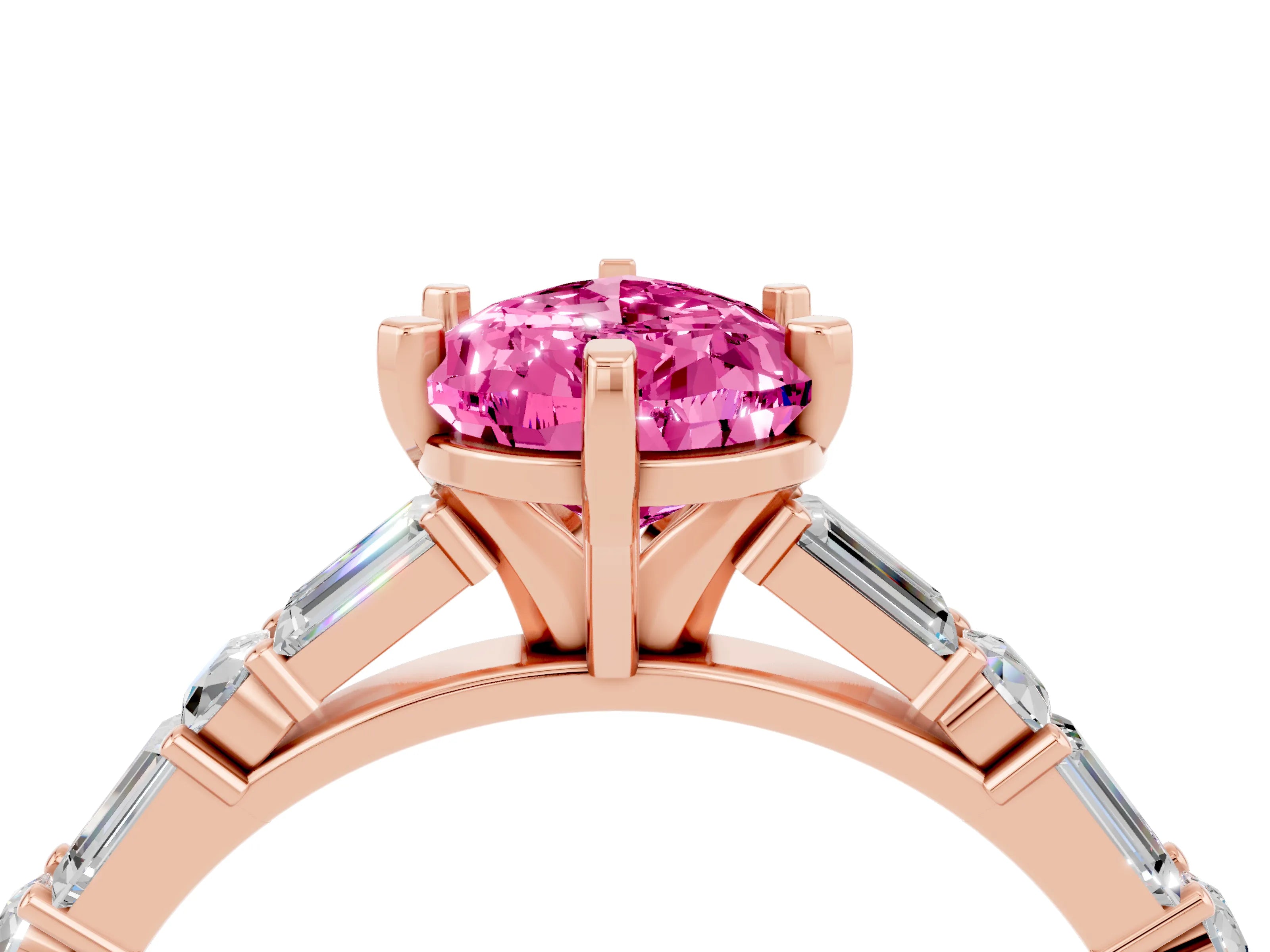 Rose gold Pear Cut Pink Sapphire Solitaire with Side Baguettes and Channel Set Band_28