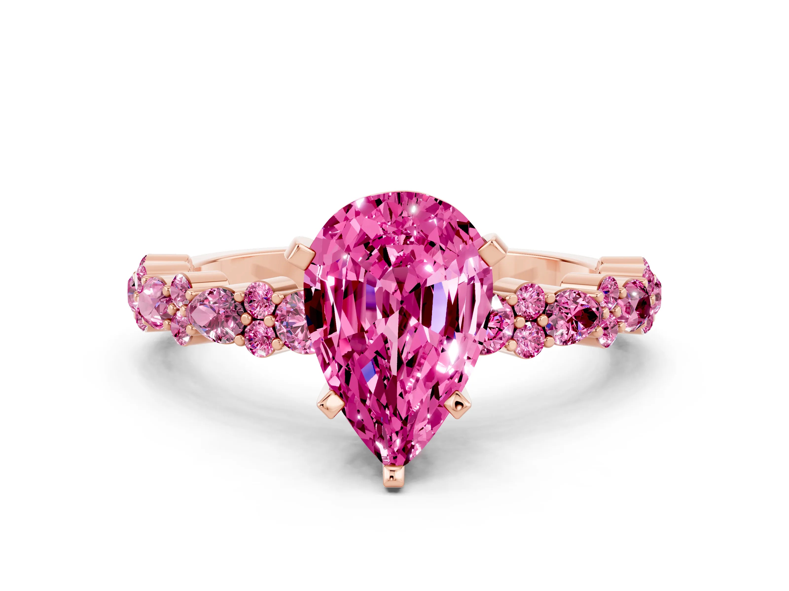 Rose gold Pear Cut Pink Sapphire Solitaire with Side Stones, Pave Band, Four-Prong Setting_12