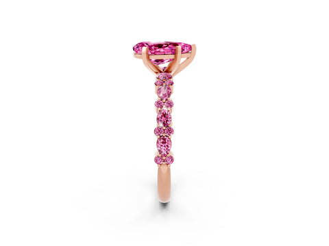 Rose gold Pear Cut Pink Sapphire Solitaire with Side Stones, Pave Band, Four-Prong Setting_14