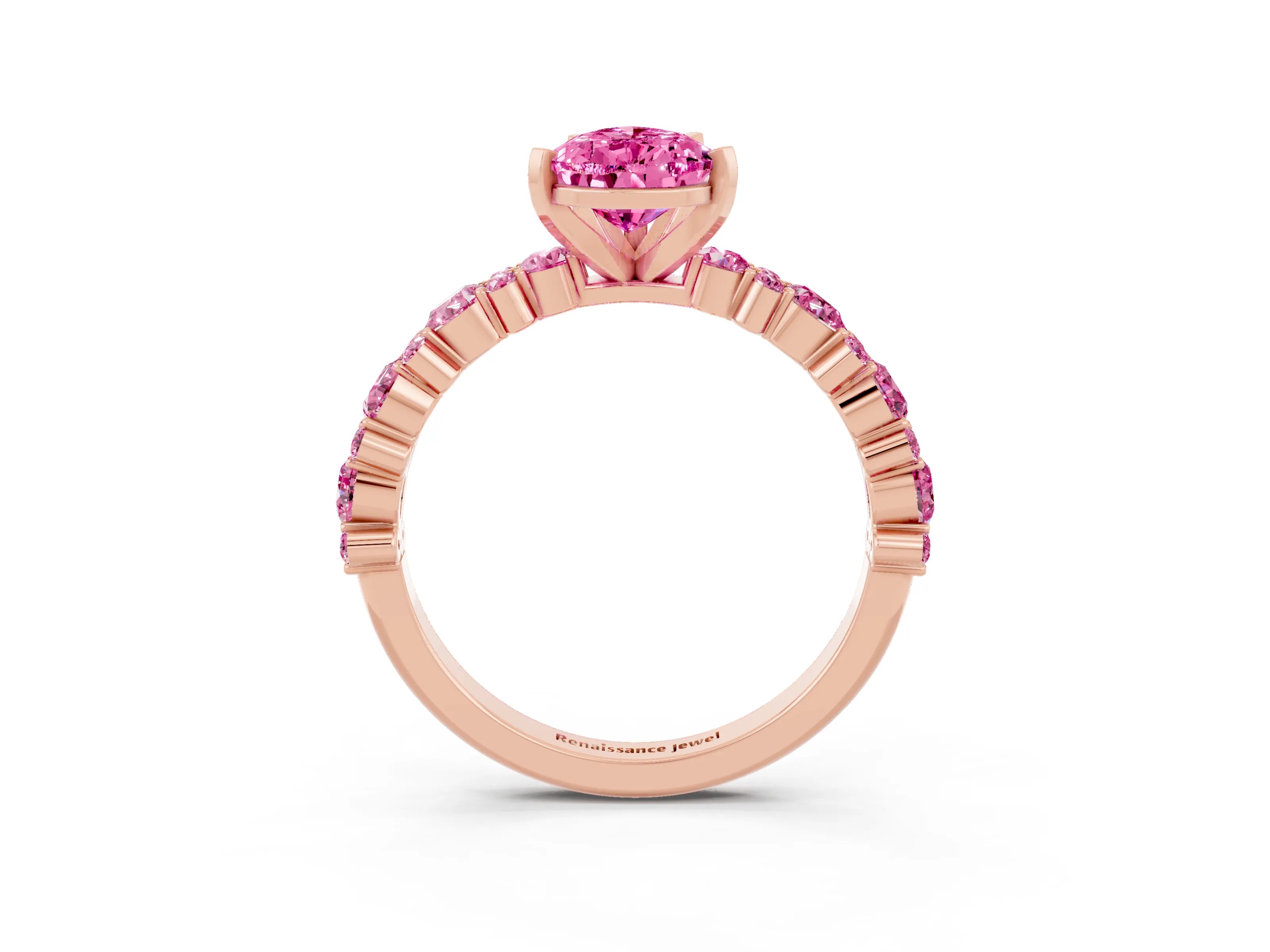 Rose gold Pear Cut Pink Sapphire Solitaire with Side Stones, Pave Band, Four-Prong Setting_15
