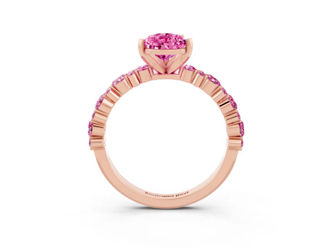 Rose gold Pear Cut Pink Sapphire Solitaire with Side Stones, Pave Band, Four-Prong Setting_15
