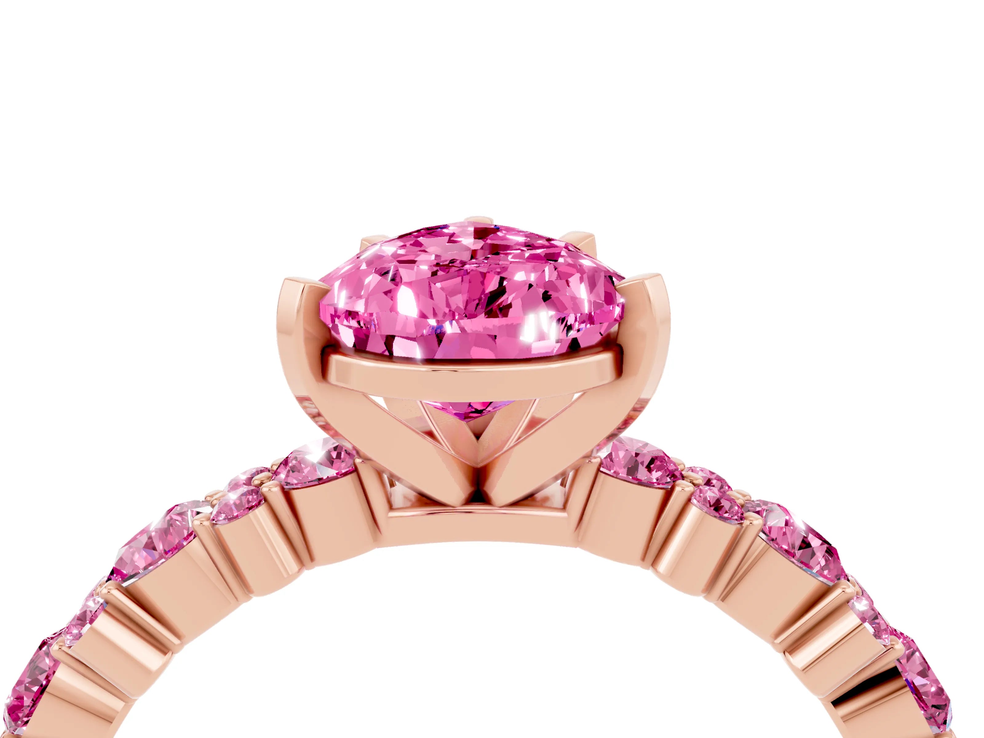 Rose gold Pear Cut Pink Sapphire Solitaire with Side Stones, Pave Band, Four-Prong Setting_16