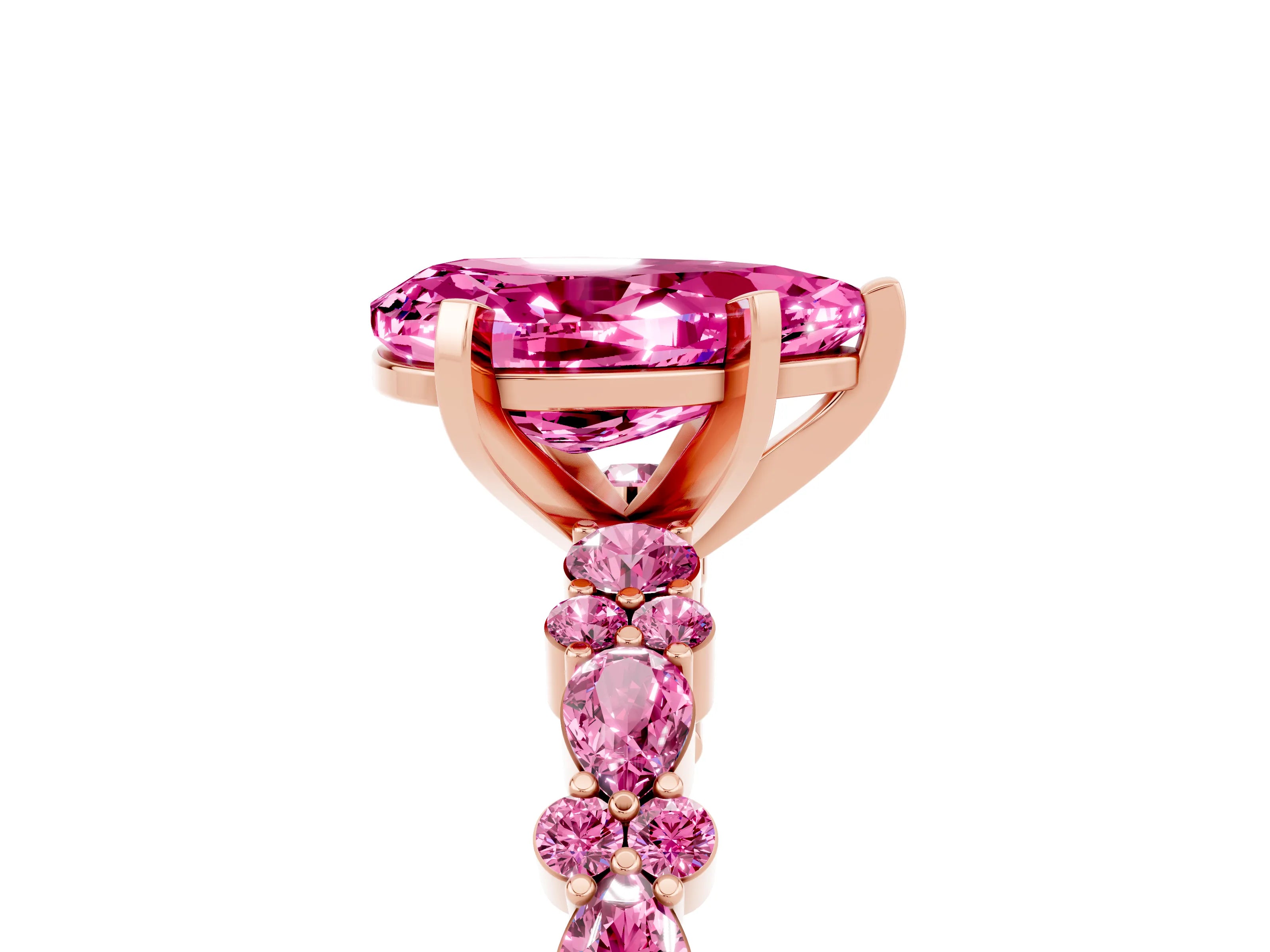 Rose gold Pear Cut Pink Sapphire Solitaire with Side Stones, Pave Band, Four-Prong Setting_17