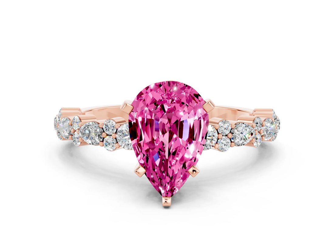 Rose gold Pear Cut Pink Sapphire Solitaire with Side Stones, Pave Band, Four-Prong Setting_72