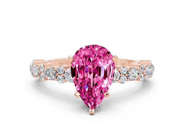 Rose gold Pear Cut Pink Sapphire Side Stone Solitaire Ring with Round  and Four-Prong Setting