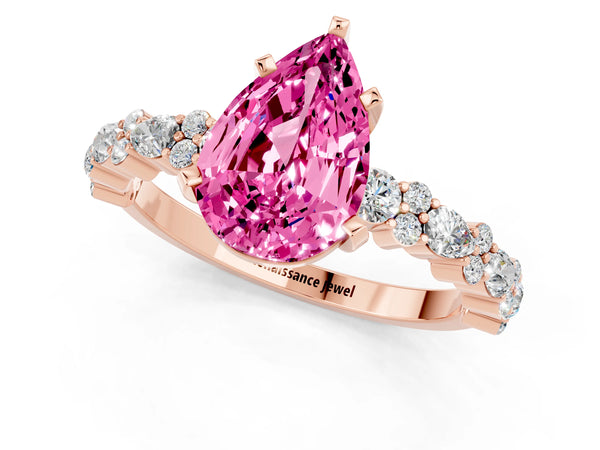 Rose gold Pear Cut Pink Sapphire Side Stone Solitaire Ring with Round  and Four-Prong Setting
